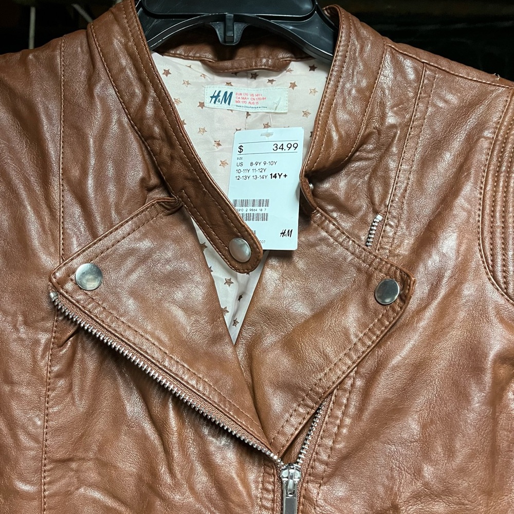 H&M kids girls brown leather moto jacket nwt size 14 - Picture 7 of 13